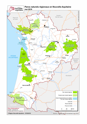 Carte des parcs Naturels Régionaux (PNR) en Nouvelle-Aquitaine